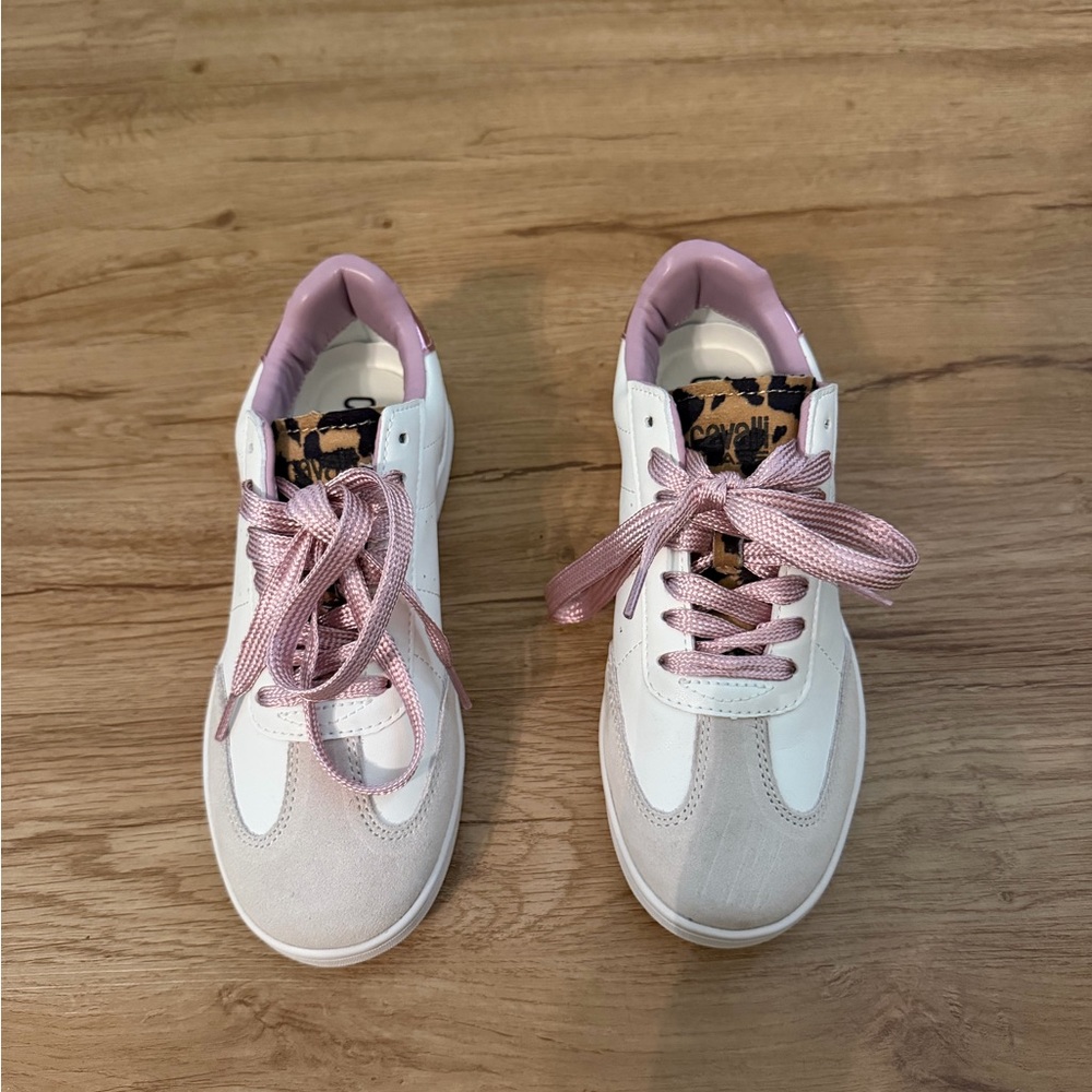 Cavalli Class Women’s White & Pink Casual Sneakers with Leopard Accent